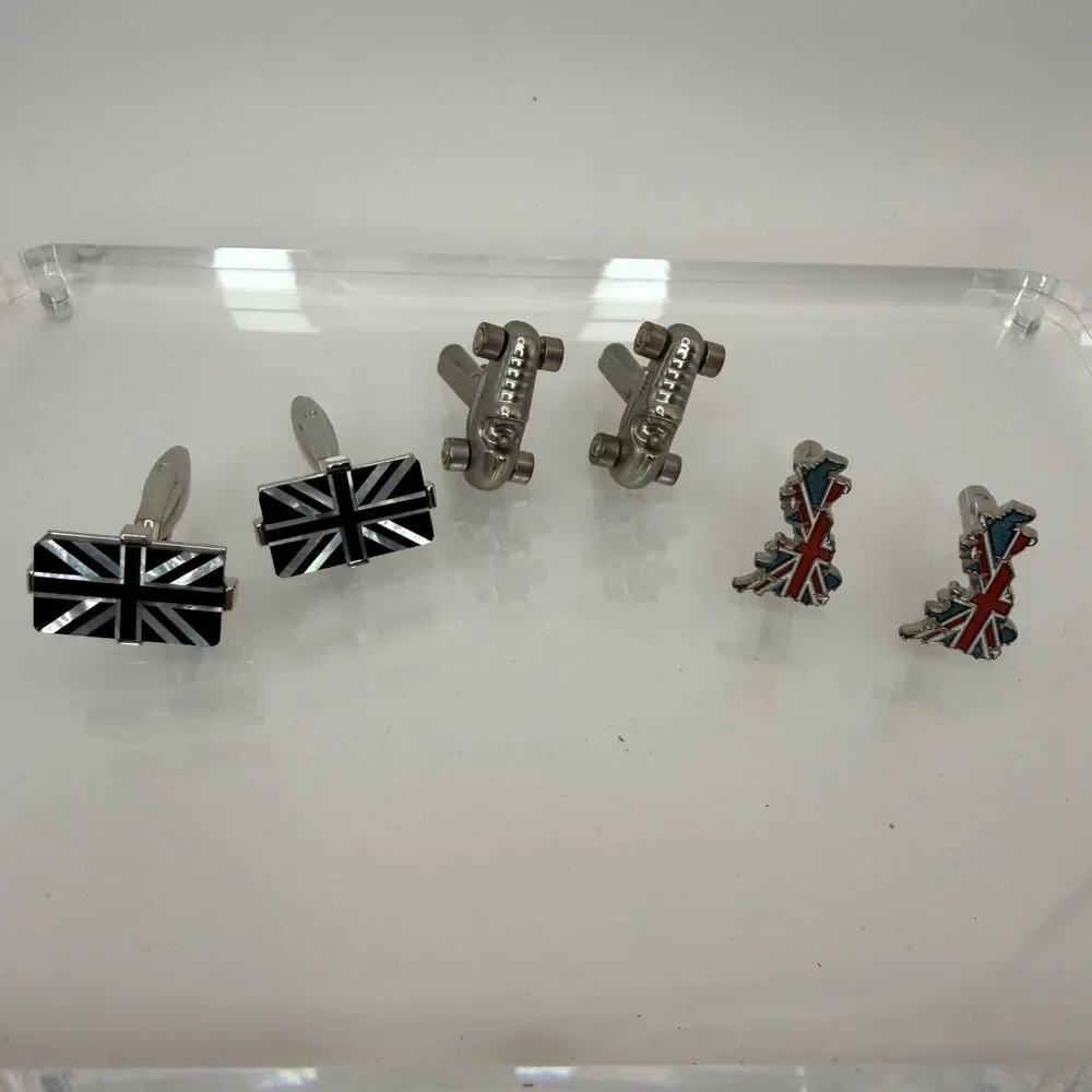 Lot 3 Mens Cufflinks British Isles Union Jack Race Indy Car Silver Tone Blue Red